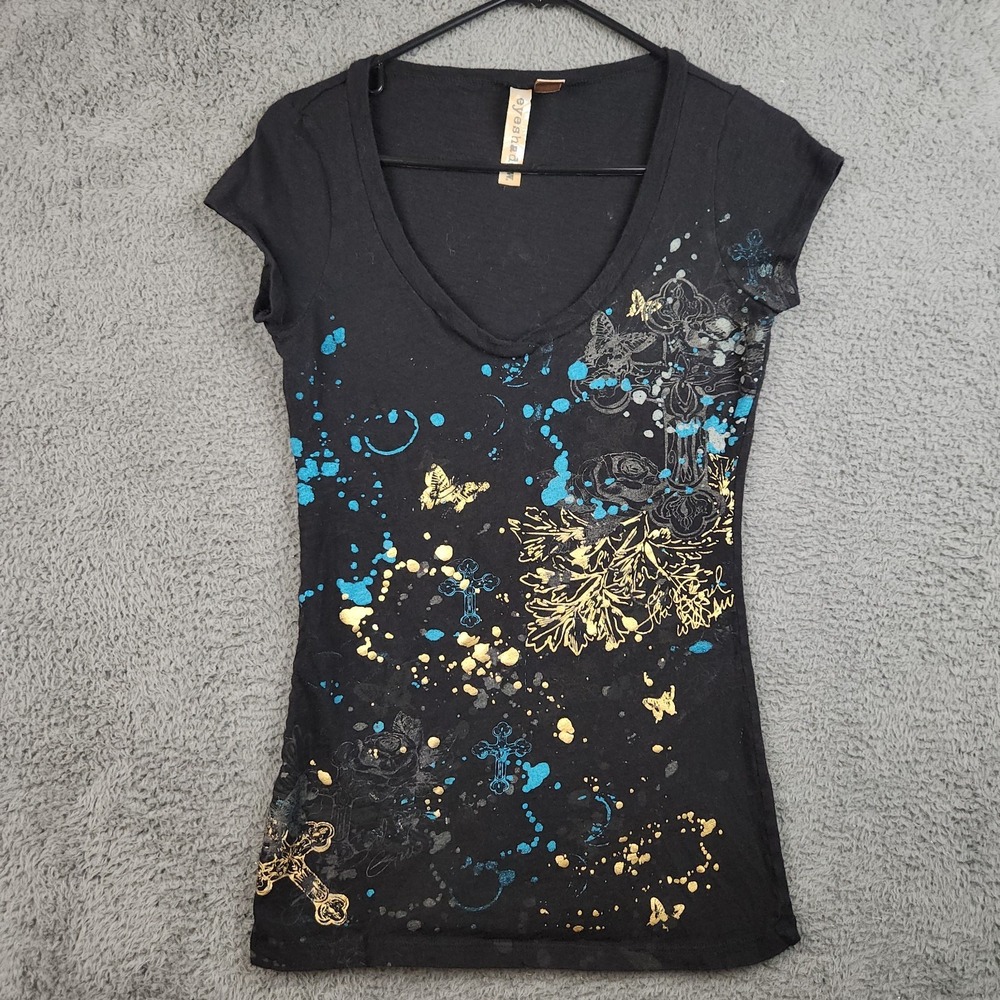 VTG V-Neck Cap Sleeve Metallic Cross Butterfly Top Large Y2k Streetwear Hip Hop